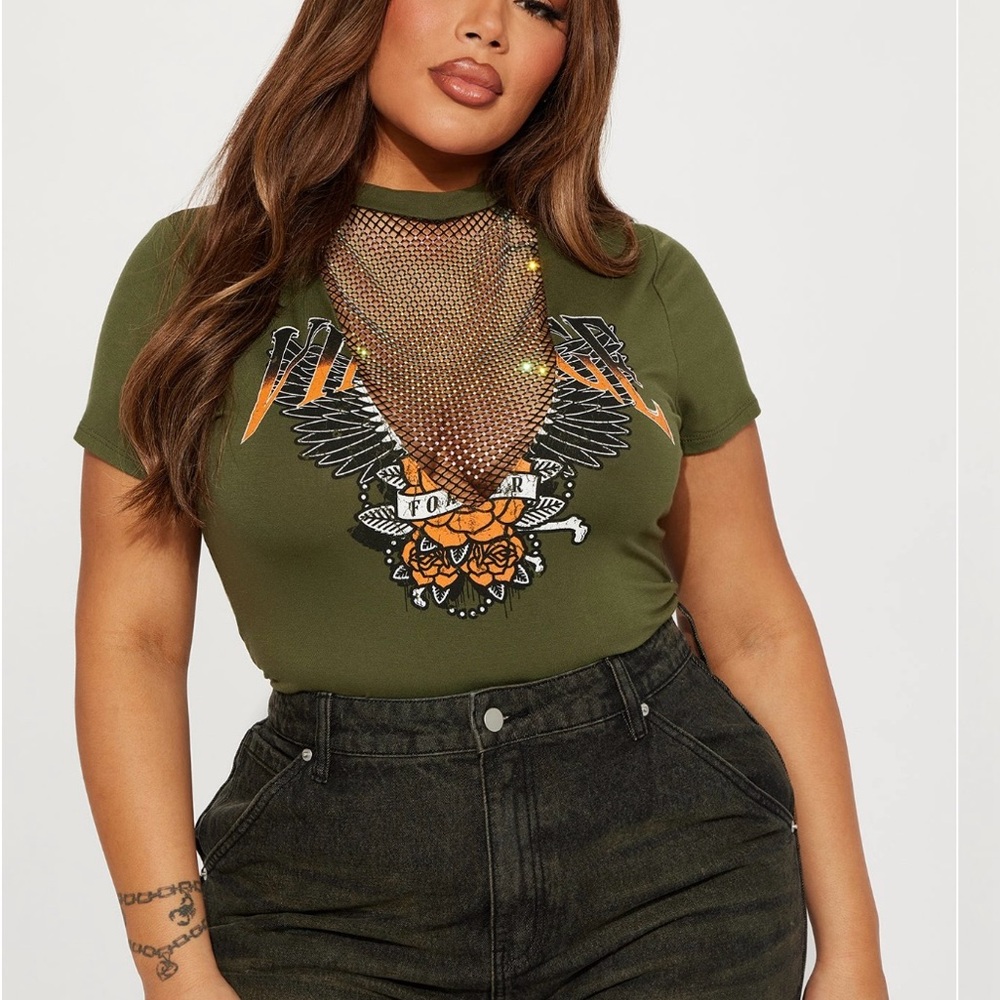 Women's Olive Graphic bodysuit with Mesh Detail